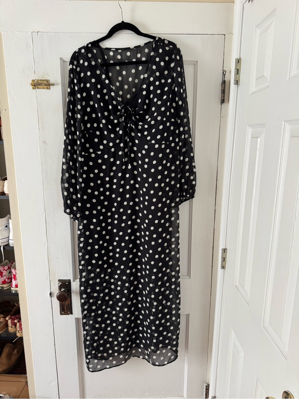 Ava & Viv Black and White Polka Dot Maxi Dress with Tie Front